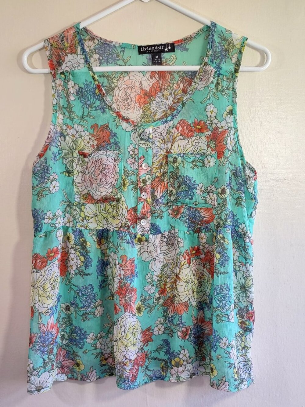 Living Doll Floral Peasant Tank Top Medium Flowy Breeezy Beachy Whimsy Cottage
